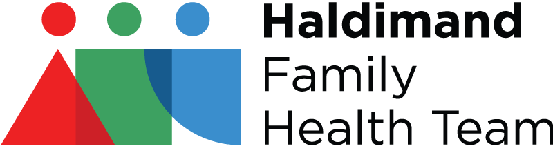 Logo of Haldimand Family Health Team featuring three overlapping geometric shapes: a red triangle, a green circle, and a blue square. The text is to the right of the shapes.