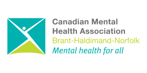 Logo of the Canadian Mental Health Association for Brant-Haldimand-Norfolk, featuring a stylized human figure in turquoise and lime, with the text "Mental health for all.