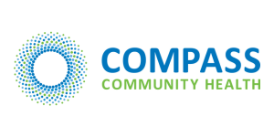 Logo of Compass Community Health featuring a circle composed of blue and green dots on the left, with the name "COMPASS" in blue and "COMMUNITY HEALTH" in green on the right.