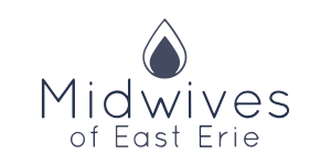 Logo of "Midwives of East Erie" featuring a minimalist design with a stylized teardrop or leaf shape above the name. The logo uses a clean, modern font.