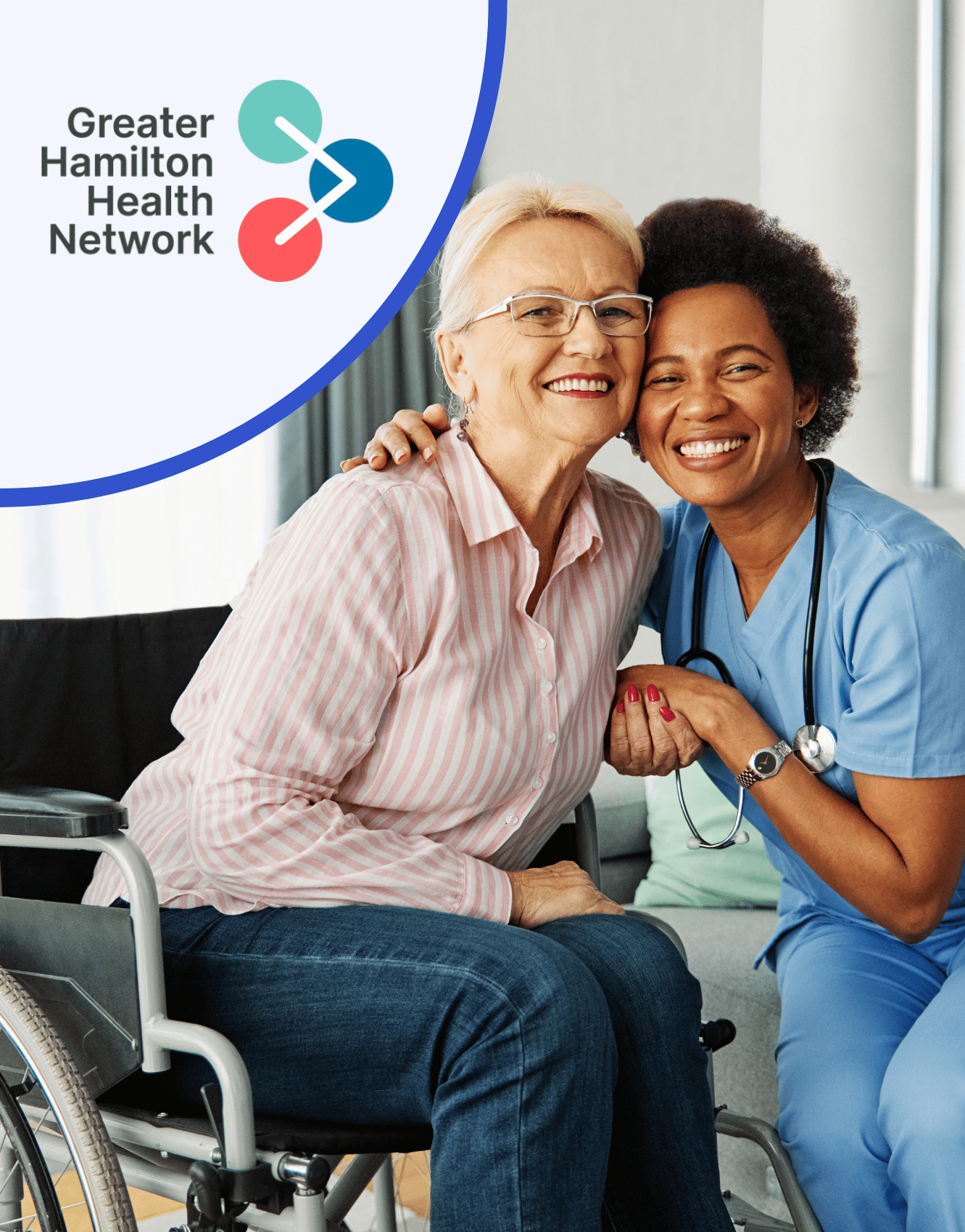 A healthcare professional in scrubs embraces a smiling elderly woman in a wheelchair. The image includes the Greater Hamilton Health Network logo in the top left corner. They are in a bright, comfortable room.