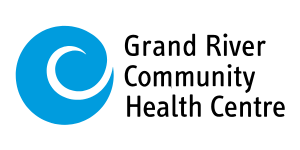 Logo of Grand River Community Health Centre featuring a stylized blue circle emblem with a white swirl inside, accompanied by the center's name in black text.