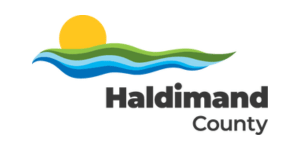 Logo of Haldimand County featuring a stylized sun above green hills and blue water waves, with the text "Haldimand County" on the right.