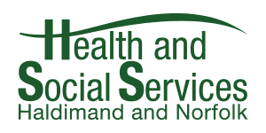 Logo for Health and Social Services Haldimand and Norfolk. The text is in green, with "Health" larger and above "and Social Services," and "Haldimand and Norfolk" is below in smaller font.