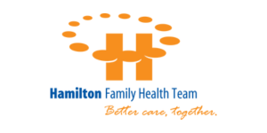 Logo of Hamilton Family Health Team featuring an orange symbol with three H's and stylized dots above. Text below reads "Hamilton Family Health Team" in blue and "Better care, together." in orange.