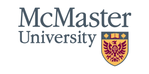 The image shows the McMaster University logo with the university's name in navy blue text and a maroon and gold crest featuring a book, maple leaves, and a stylized bird.