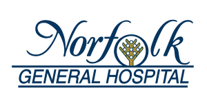 Logo of Norfolk General Hospital featuring elegant blue script for "Norfolk" with a stylized tree symbol in place of the letter 'o', above a blue line and bold uppercase text reading "GENERAL HOSPITAL".