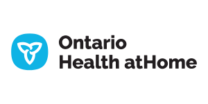 Logo of Ontario Health at Home featuring a stylized trillium flower icon in a blue square next to the text "Ontario Health atHome" in black.