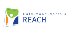 Logo of Haldimand-Norfolk REACH featuring abstract human shapes in green, orange, and blue within a square, alongside the organization's name in blue text.