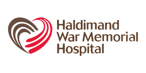 Logo of Haldimand War Memorial Hospital featuring a stylized heart design in brown and red next to the hospital's name written in brown text.