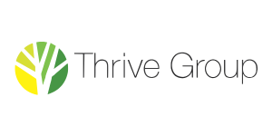 Logo for Thrive Group featuring a stylized green and yellow circle on the left, with the words "Thrive Group" in sleek, modern font to the right.