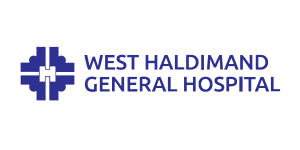 Logo of West Haldimand General Hospital featuring a blue cross with a white medical symbol in the center, accompanied by the hospital's name in bold blue text.