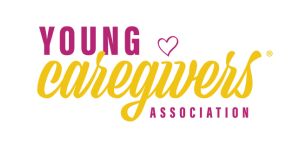 Logo for Young Caregivers Association, featuring "Young" and "Association" in pink text and "caregivers" in yellow script with a small pink heart integrated into the design.