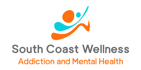 Logo for South Coast Wellness. Includes an abstract figure in orange and teal, with text below reading "South Coast Wellness" and "Addiction and Mental Health.